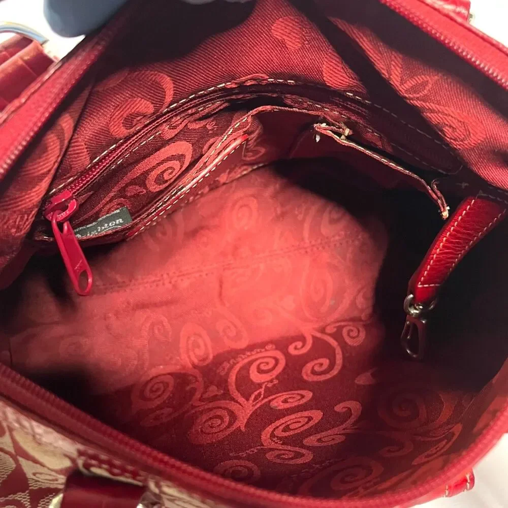 Brighton Red Heart Canvas & Croc Embossed Leather Vtg Satchel